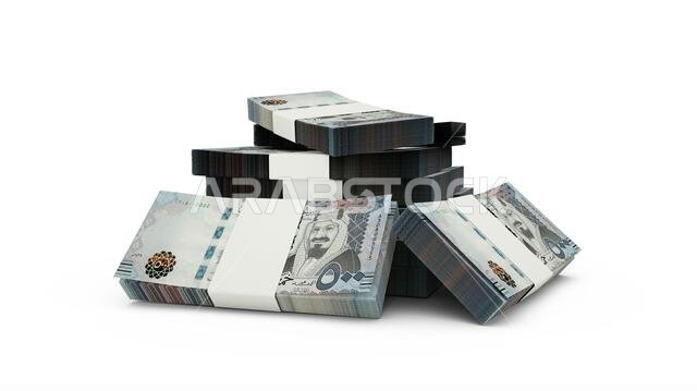 عرض ثلاثي الأبعاد لمجموعة من أوراق الريال السعودي. حزم من العملات السعودية معزولة على خلفية بيضاء عرض ثلاثي الأبعاد لمجموعة من أوراق الريال السعودي. حزم من العملات السعودية معزولة على خلفية بيضاء
