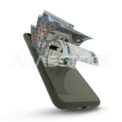 صورة ثلاثية الأبعاد لأوراق نقدية من الريال السعودي داخل هاتف محمول صورة ثلاثية الأبعاد لأوراق نقدية من الريال السعودي داخل هاتف محمول