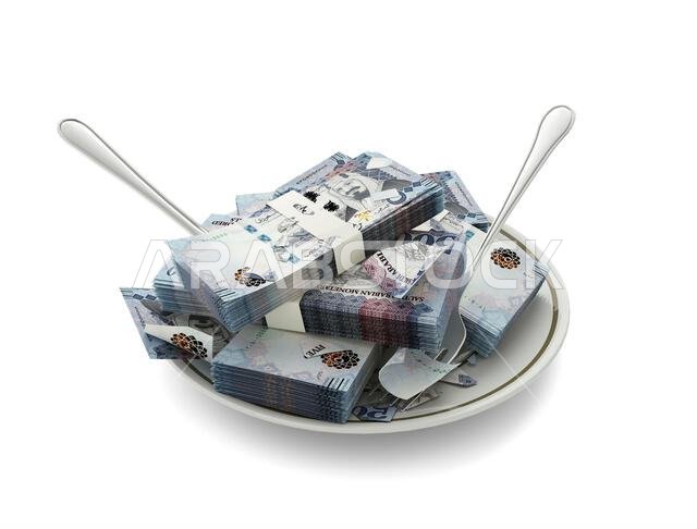 3D rendering of Saudi riyal notes on plate. Money spent on food concept. Food expenses, expensive meal, spending money concept. eating money, misuse o