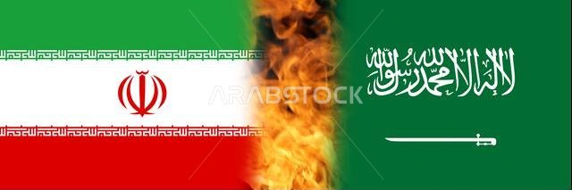 Defocus war between Iran and Saudi Arabia. National flag of iran and saudi arabia. Concept. Concept of a Conflict between Saudi Arabia and Iran with f