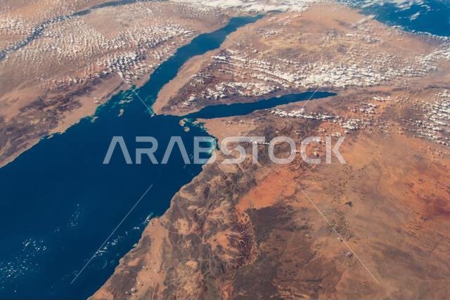 Aerial view of the northern Red Sea in Saudi Arabia. Digitally enhanced. Elements of this image furnished by NASA. Aerial view of the northern Red Sea in Saudi Arabia. Digitally enhanced. Elements of this image furnished by NASA.