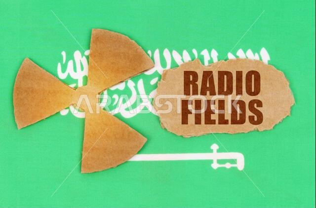 The concept of industry and radiation. On the flag of Saudi Arabia, the symbol of radioactivity and torn cardboard with the inscription - Radio Fields The concept of industry and radiation. On the flag of Saudi Arabia, the symbol of radioactivity and torn cardboard with the inscription - Radio Fields