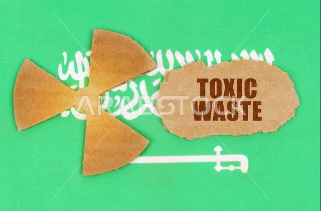 مفهوم الصناعة والإشعاع. على علم المملكة العربية السعودية، رمز النشاط الإشعاعي وقطعة من الورق المقوى الممزق مكتوب عليها: نفايات سامة مفهوم الصناعة والإشعاع. على علم المملكة العربية السعودية، رمز النشاط الإشعاعي وقطعة من الورق المقوى الممزق مكتوب عليها: نفايات سامة