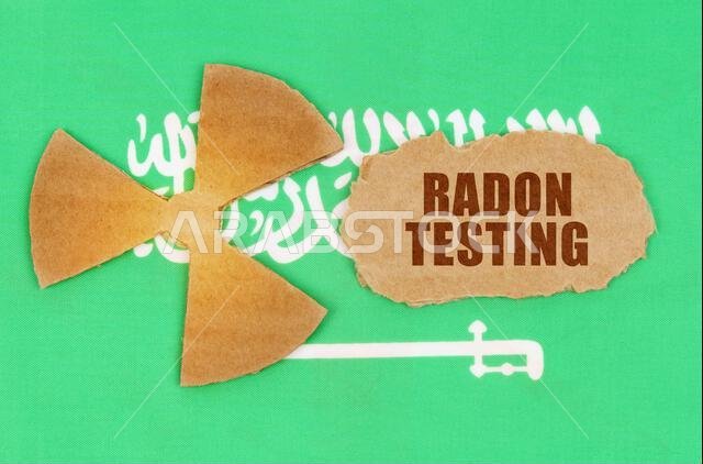 مفهوم الصناعة والإشعاع. على علم المملكة العربية السعودية، رمز النشاط الإشعاعي وقطعة من الورق المقوى الممزق مكتوب عليها "اختبار الرادون". مفهوم الصناعة والإشعاع. على علم المملكة العربية السعودية، رمز النشاط الإشعاعي وقطعة من الورق المقوى الممزق مكتوب عليها "اختبار الرادون".