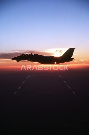 A Fighter Squadron 32 (VF-32) F-14A Tomcat aircraft is silhouetted against the sun while in-flight during Operation Desert Storm. VF-32 is based aboard the aircraft carrier USS JOHN F. KENNEDY (CV-67). Subject Operation/Series: DESERT STORM Country: Saudi Arabia (SAU)