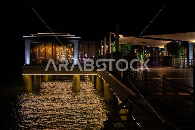 Restaurants on the southern Jeddah Corniche overlooking the coast, scaffolding on the waterfront in Jeddah, Jeddah Corniche, coastal places in Jeddah, the coasts of the Red Sea, tourism in Saudi Arabia