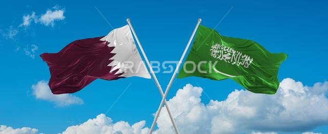 two crossed flags Saudi Arabia and Qatar waving in wind at cloudy sky. Concept of relationship, dialog, travelling between two countries. 3d illustrat