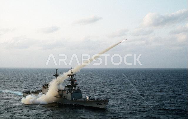 The destroyer USS ARTHUR W. RADFORD (DD-968) fires an RGM-84A Harpoon anti-ship missile off the coast of Saudi Arabia during Operation Red Reef III. Subject Operation/Series: RED REEF III Base: USS Arthur W Radford(DD 968)