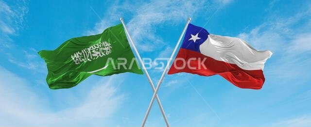 two crossed flags Chile and Saudi Arabia waving in wind at cloudy sky. Concept of relationship, dialog, travelling between two countries. 3d illustrat