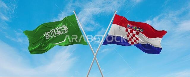 two crossed flags Croatia and Saudi Arabia waving in wind at cloudy sky. Concept of relationship, dialog, travelling between two countries. 3d illustr