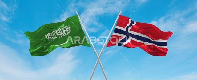 two crossed flags Norway and Saudi Arabia waving in wind at cloudy sky. Concept of relationship, dialog, travelling between two countries. 3d illustra