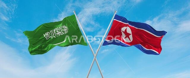 two crossed flags North Korea and Saudi Arabia waving in wind at cloudy sky. Concept of relationship, dialog, travelling between two countries. 3d ill