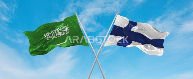 two crossed flags Finland and Saudi Arabia waving in wind at cloudy sky. Concept of relationship, dialog, travelling between two countries. 3d illustr