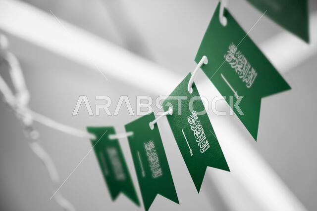 إكليل من أعلام المملكة العربية السعودية على خلفية ضبابية مجردة.