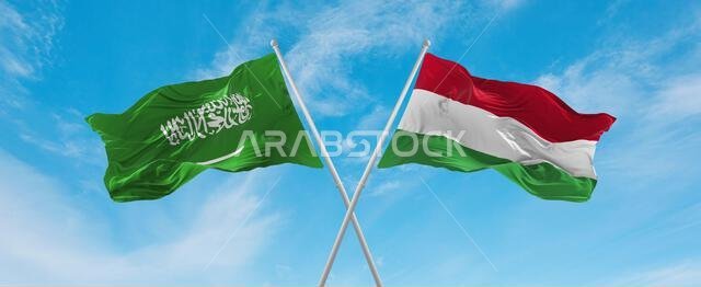 علمان متقاطعان، علم المجر وعلم السعودية، يرفرفان في مهب الريح تحت سماء ملبدة بالغيوم. يرمزان إلى مفهوم العلاقة والحوار والسفر بين البلدين. رسم توضيحي ثلاثي الأبعاد.