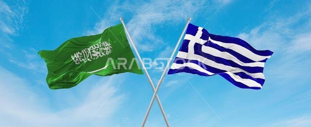 two crossed flags Greece and Saudi Arabia waving in wind at cloudy sky. Concept of relationship, dialog, travelling between two countries. 3d illustra