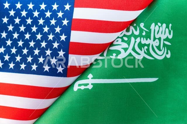 خلفية أعلام المملكة العربية السعودية والولايات المتحدة الأمريكية. مفهوم التفاعل أو المواجهة بين البلدين. العلاقات الدولية. ص