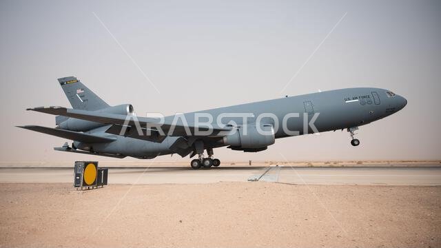 A U.S. Air Force KC-10 Extender assigned to the 908th Expeditionary Air Refueling Squadron lands at Prince Sultan Air Base, Kingdom of Saudi Arabia, March 6, 2022. The KC-10 is an advanced tanker and cargo aircraft designed to provide increased global mobility for U.S. armed forces. A U.S. Air Force KC-10 Extender assigned to the 908th Expeditionary Air Refueling Squadron lands at Prince Sultan Air Base, Kingdom of Saudi Arabia, March 6, 2022. The KC-10 is an advanced tanker and cargo aircraft designed to provide increased global mobility for U.S. armed forces.