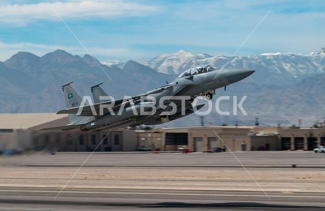 A Royal Saudi Air Force F-15SA assigned to the Royal Saudi Air Force, Weapons School, Dhahran, Saudi Arabia, takes off for a Red Flag-Nellis 22-2 mission at Nellis Air Force Base, Nevada, March. 8, 2022. Red Flag exercises are conducted on the massive bombing and gunnery ranges of the Nevada Test and Training Range A Royal Saudi Air Force F-15SA assigned to the Royal Saudi Air Force, Weapons School, Dhahran, Saudi Arabia, takes off for a Red Flag-Nellis 22-2 mission at Nellis Air Force Base, Nevada, March. 8, 2022. Red Flag exercises are conducted on the massive bombing and gunnery ranges of the Nevada Test and Training Range