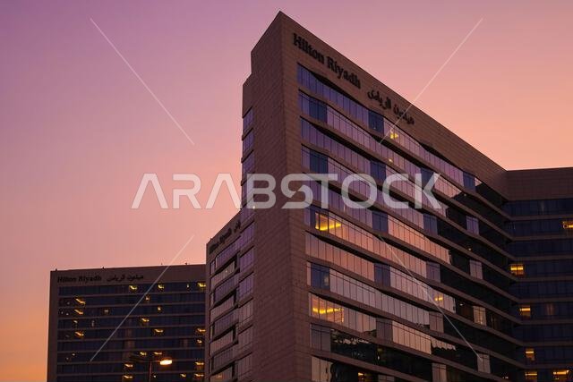 Riyadh , Saudi Arabia Jul 14 2021: Riyadh Hilton Hotel at sunset Riyadh , Saudi Arabia Jul 14 2021: Riyadh Hilton Hotel at sunset
