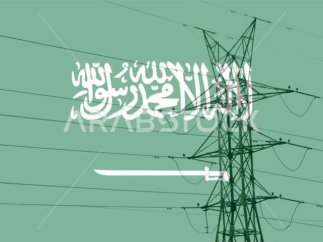 High voltage post or High voltage tower with Flag of the Saudi arabia. Energy concept High voltage post or High voltage tower with Flag of the Saudi arabia. Energy concept