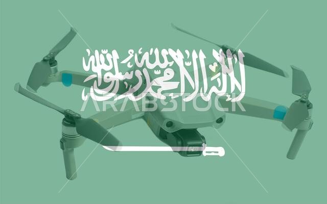 Flag of the Saudi Arabia and quadcopter drone.