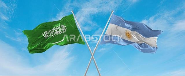 two crossed flags Argentina and Saudi Arabia waving in wind at cloudy sky. Concept of relationship, dialog, travelling between two countries. 3d illus