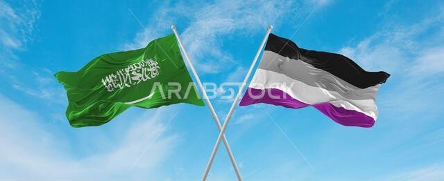 two crossed flags asexuality Pride and Saudi Arabia waving in wind at cloudy sky. Concept of relationship, dialog, travelling between two countries. 3