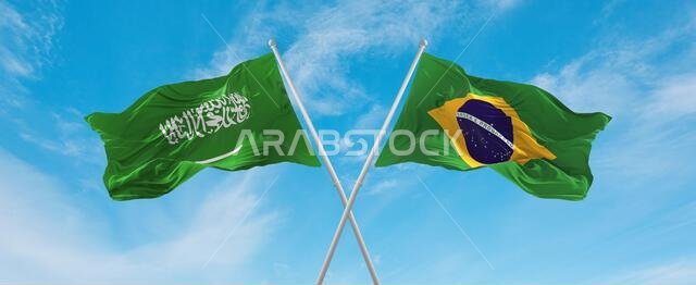 علمان متقاطعان، علم البرازيل وعلم السعودية، يرفرفان في مهب الريح تحت سماء ملبدة بالغيوم. يرمز هذا العمل الفني إلى مفهوم العلاقة والحوار والسفر بين البلدين. رسم ثلاثي الأبعاد.
