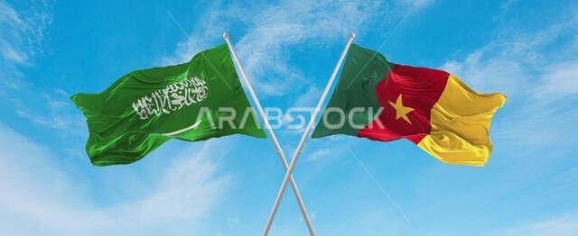 علمان متقاطعان، علم الكاميرون وعلم السعودية، يرفرفان في مهب الريح تحت سماء ملبدة بالغيوم. يرمز هذا العمل الفني إلى مفهوم العلاقة والحوار والسفر بين البلدين. رسم ثلاثي الأبعاد.