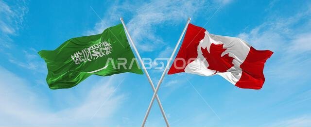 two crossed flags canada and Saudi Arabia waving in wind at cloudy sky. Concept of relationship, dialog, travelling between two countries. 3d illustra