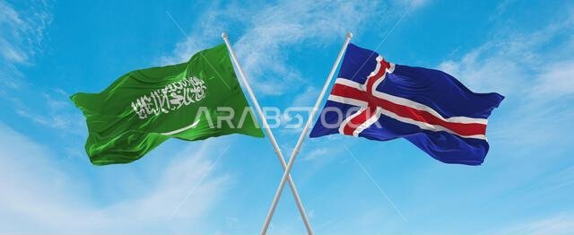 two crossed flags Iceland and Saudi Arabia waving in wind at cloudy sky. Concept of relationship, dialog, travelling between two countries. 3d illustr