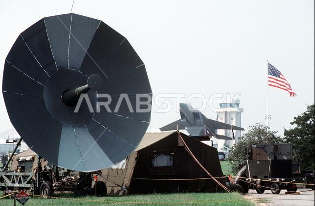 A close-up view of a 74th Tactical Control Squadron satellite communications facility set up to communicate with deployed units in Saudi Arabia during Operation Desert Shield. Subject Operation/Series: DESERT SHIELD Base: Langley Air Force Base State: Virginia (VA) Country: United States Of America (USA)