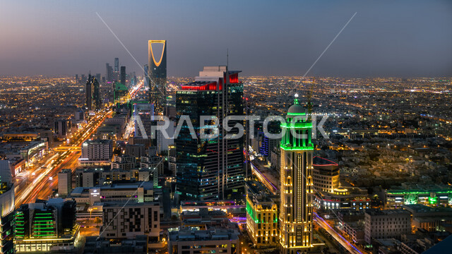 صورة إبداعية من الاعلى لمدينة الرياض ، الأبراج و ناطحات السحاب ، الفن الهندسي المعماري بالسعودية ، معالم سياحية مشهورة بالرياض في المملكة العربية السعودية ، طرق وشوارع الرياض ، السياحة في السعودية