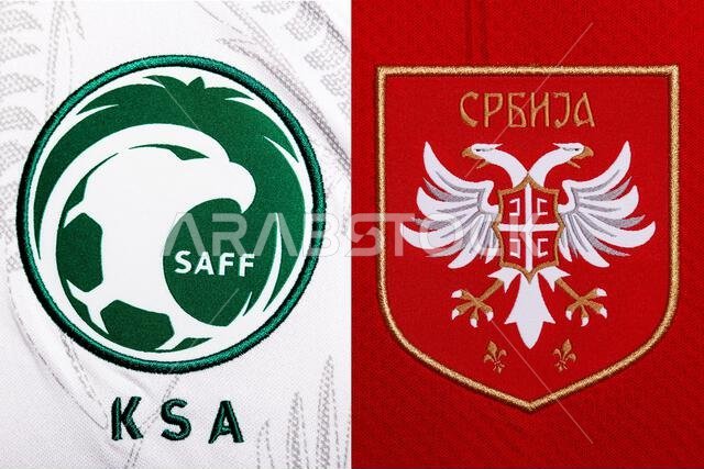 صورة مقرّبة لشعار المنتخب الوطني لكرة القدم على الطقم الأساسي. كأس العالم FIFA قطر 2022.