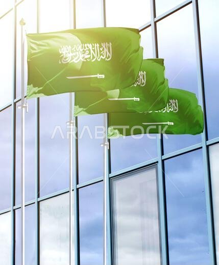 أعمدة أعلام تحمل علم المملكة العربية السعودية أمام المركز التجاري