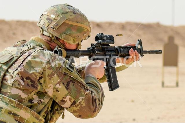 A U.S. Soldier with Task Force Americal from the 1st Battalion, 182nd Infantry Regiment, trains with an M4 carbine at Prince Sultan Air Base, Kingdom of Saudi Arabia, Sept. 24, 2022. The U.S. Air Force’s 378th Expeditionary Security Forces Squadron facilitate and occasionally conduct Joint Force training with the U.S. Army on PSAB’s firing range. Soldiers and Airmen must undergo routine weapons qualification training to ensure safety and proficiency standards. (U.S. Air Force Staff Sgt. Noah J. 