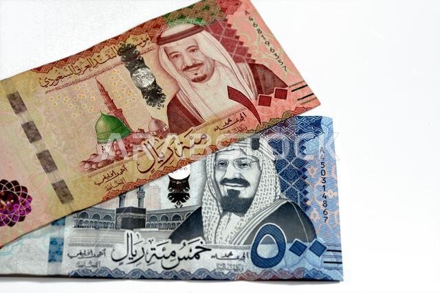 500 SAR Five hundred Saudi Arabia riyals cash money with king AbdulAziz Al Saud and Kabaa and 100 SAR one hundred Saudi Arabia riyals banknote with ki