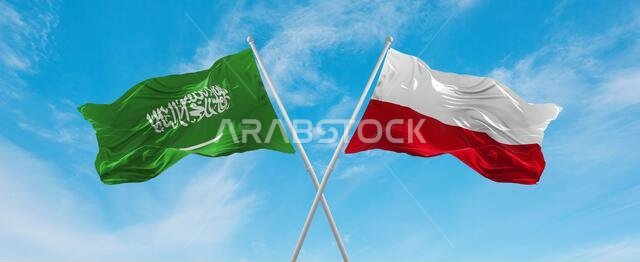 two crossed flags poland and Saudi Arabia waving in wind at cloudy sky. Concept of relationship, dialog, travelling between two countries. 3d illustra