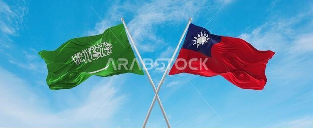 two crossed flags Taiwan and Saudi Arabia waving in wind at cloudy sky. Concept of relationship, dialog, travelling between two countries. 3d illustra