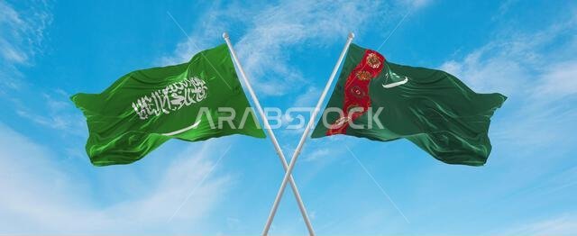 two crossed flags Turkmenistan and Saudi Arabia waving in wind at cloudy sky. Concept of relationship, dialog, travelling between two countries. 3d il