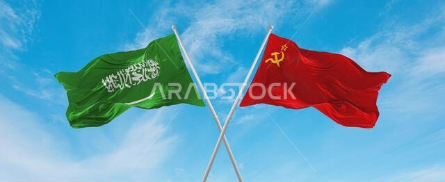 two crossed flags ussr and Saudi Arabia waving in wind at cloudy sky. Concept of relationship, dialog, travelling between two countries. 3d illustrati
