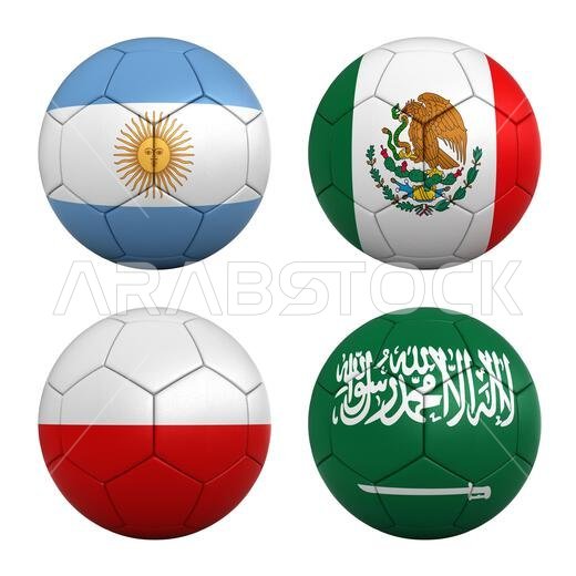كرات قدم تحمل أعلام فرق المجموعة الثالثة من بطولة كأس العالم لكرة القدم 2022 - الأرجنتين، المكسيك، بولندا، والمملكة العربية السعودية