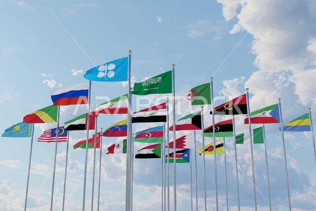 Flags of OPEC Plus countries, 23 countries ,Kingdom Saudi Arabia ,Algeria ,Angola Equatorial ,Guinea, Gabon, Iran ,Iraq ,Kuwait ,Libya ,Nigeria ,Repub