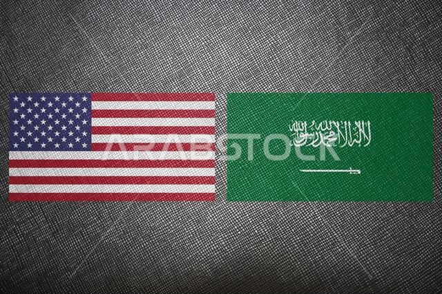 رسم توضيحي ثلاثي الأبعاد، يجسد التحالف والاجتماع بين الولايات المتحدة والمملكة العربية السعودية، والتعاون بين الدول. علم المملكة العربية السعودية، نسيج علم الولايات المتحدة.