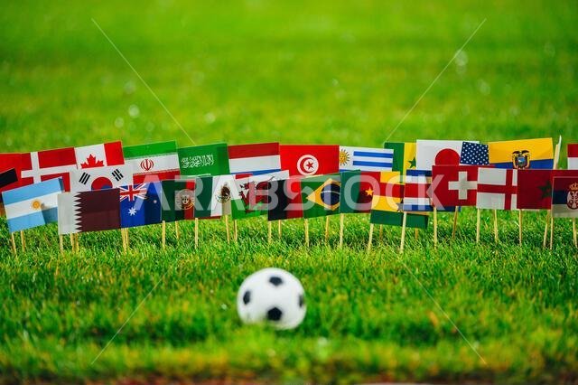 Football ball on green grass and all 32 national flags. Wallpaper for football Tournament