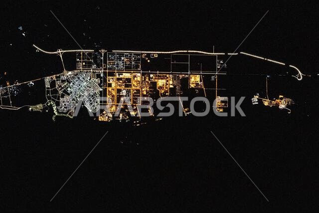 ISS imagery shows Yanbu, a Saudi port city on the Red Sea, at night from 260 miles above, highlighting urban lights.