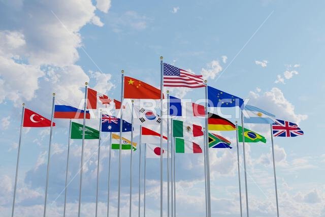 G20 flag summit Silk waving flags countries of members Group of Twenty political 2022 world leaders unity meeting G 20 organization with flagpole on b G20 flag summit Silk waving flags countries of members Group of Twenty political 2022 world leaders unity meeting G 20 organization with flagpole on b