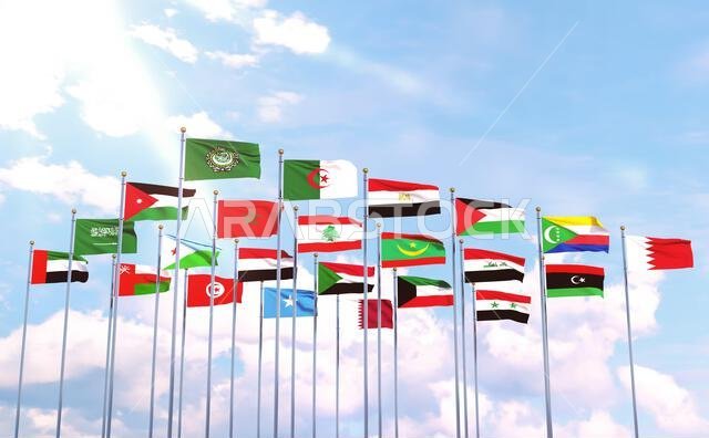 جامعة الدول العربية، ترفرف أعلام الدول العربية الـ 22 في السماء مع علم جامعة الدول العربية