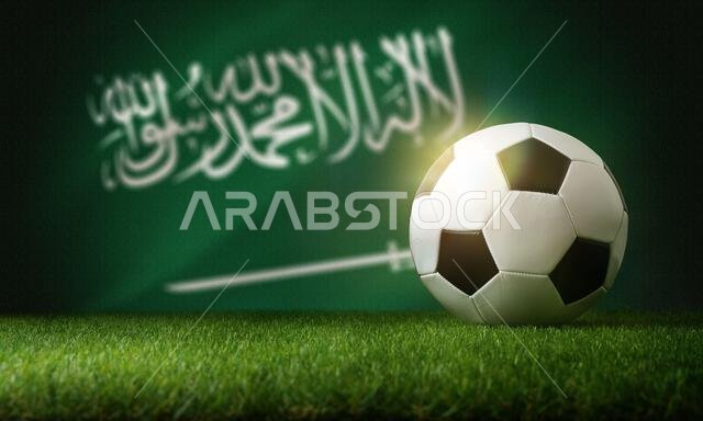 تشكيلة المنتخب السعودي لكرة القدم مع كرة كلاسيكية على أرضية عشبية وعلم في الخلفية. منظر أمامي. تشكيلة المنتخب السعودي لكرة القدم مع كرة كلاسيكية على أرضية عشبية وعلم في الخلفية. منظر أمامي.